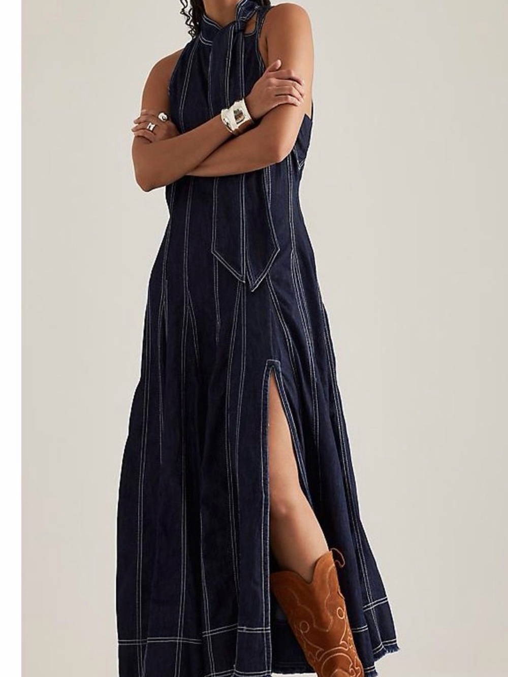 Pilcro denim Maxi Dress with Contrast Stitching and Side Slit